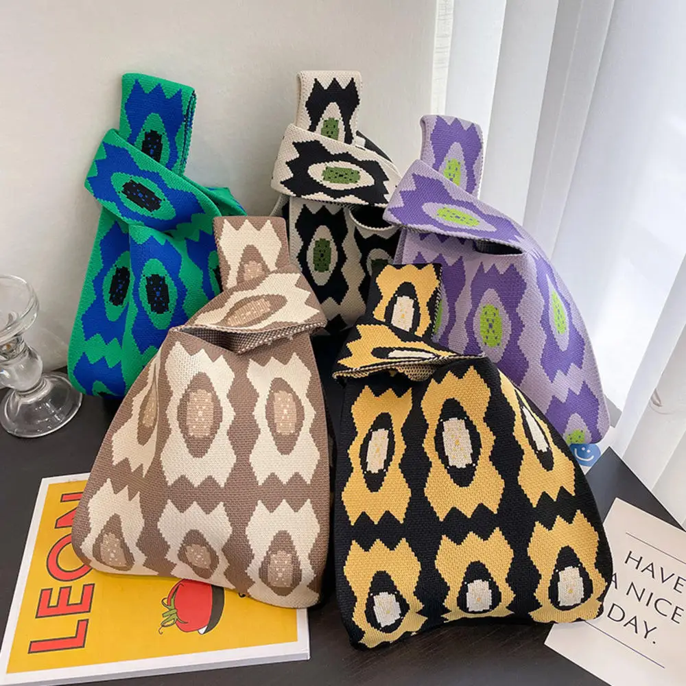 

Handmade Knit Handbag Women Mini Knot Wrist-bag Female Casual Color Wide Stripe Plaid Tote Bag Student Reusable Shopping Bag