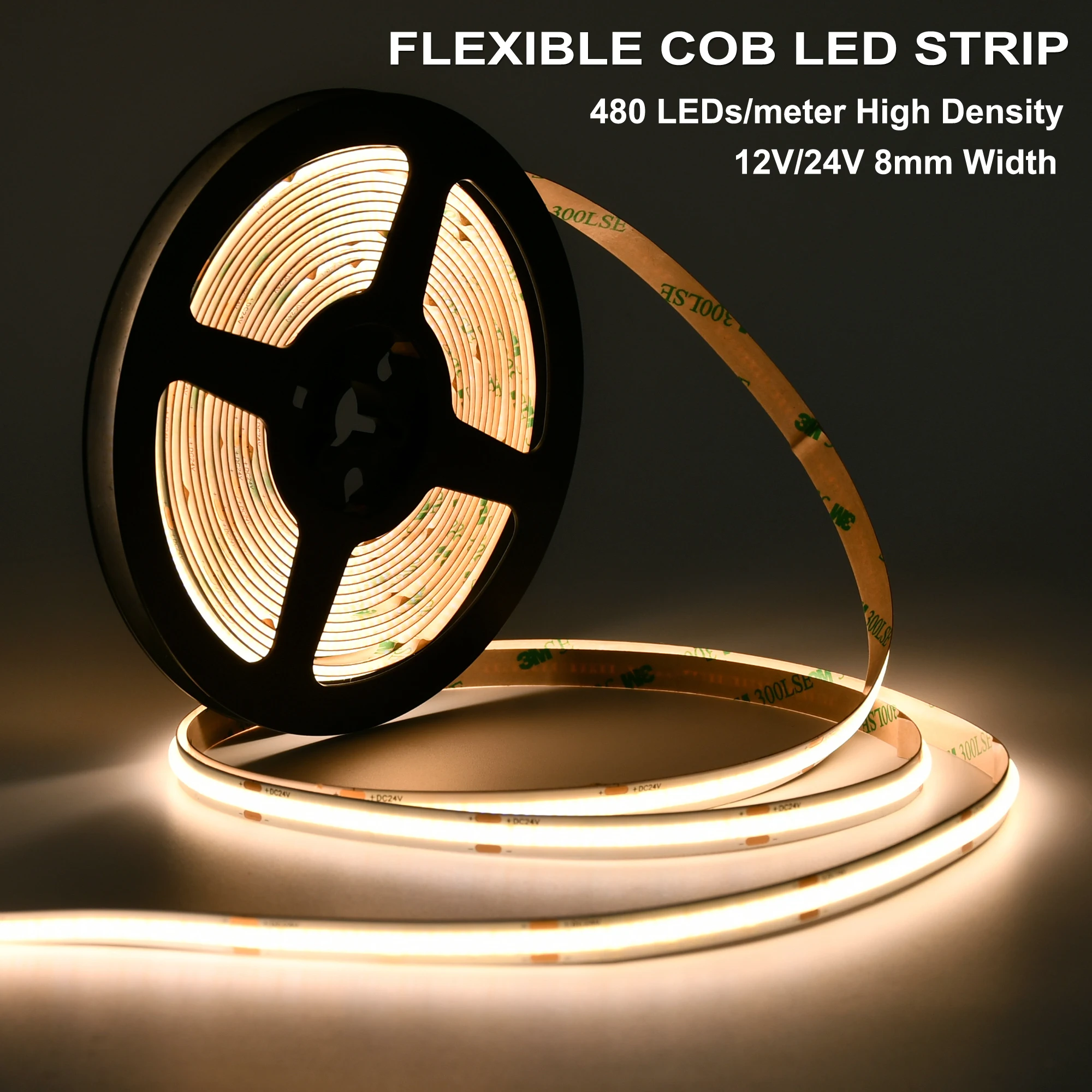 Fcob Led Strip Lighting 8Mm 12V/24V Night Light 480Leds/M Uniform Glow Bendable Tape Contatore Flessibile Per Armadio Camera Da Letto