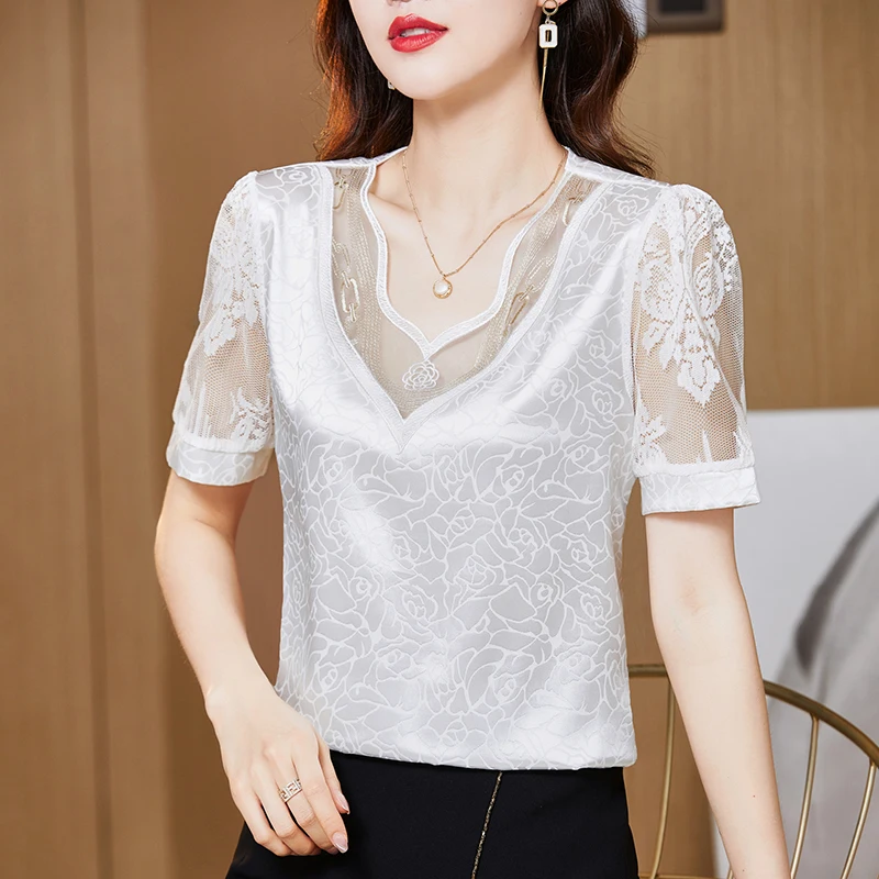 

Black Vintage Silk Ladies Office V-Neck Pullover Chic Top Loose Elegant Women's Shirt Lace Short Puff Sleeve Sexy Women's Blouse