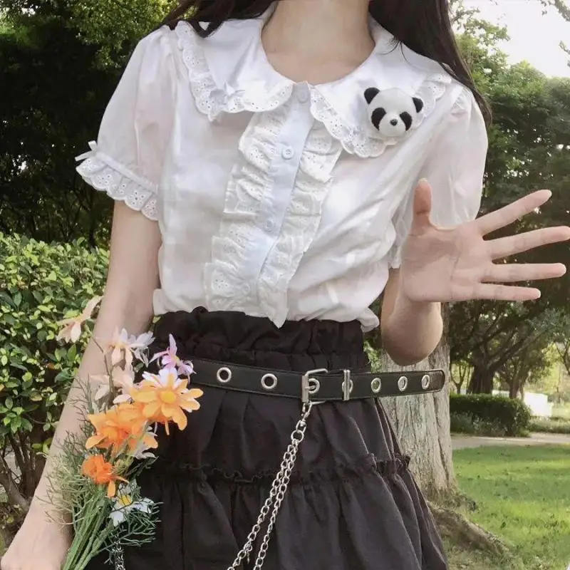 Lolita Blouses Summer XS-2XL Japanese Kawaii Lolita Blouse Shirt Sweet Small White New Fashionable Lace Short Sleeve Top for Women