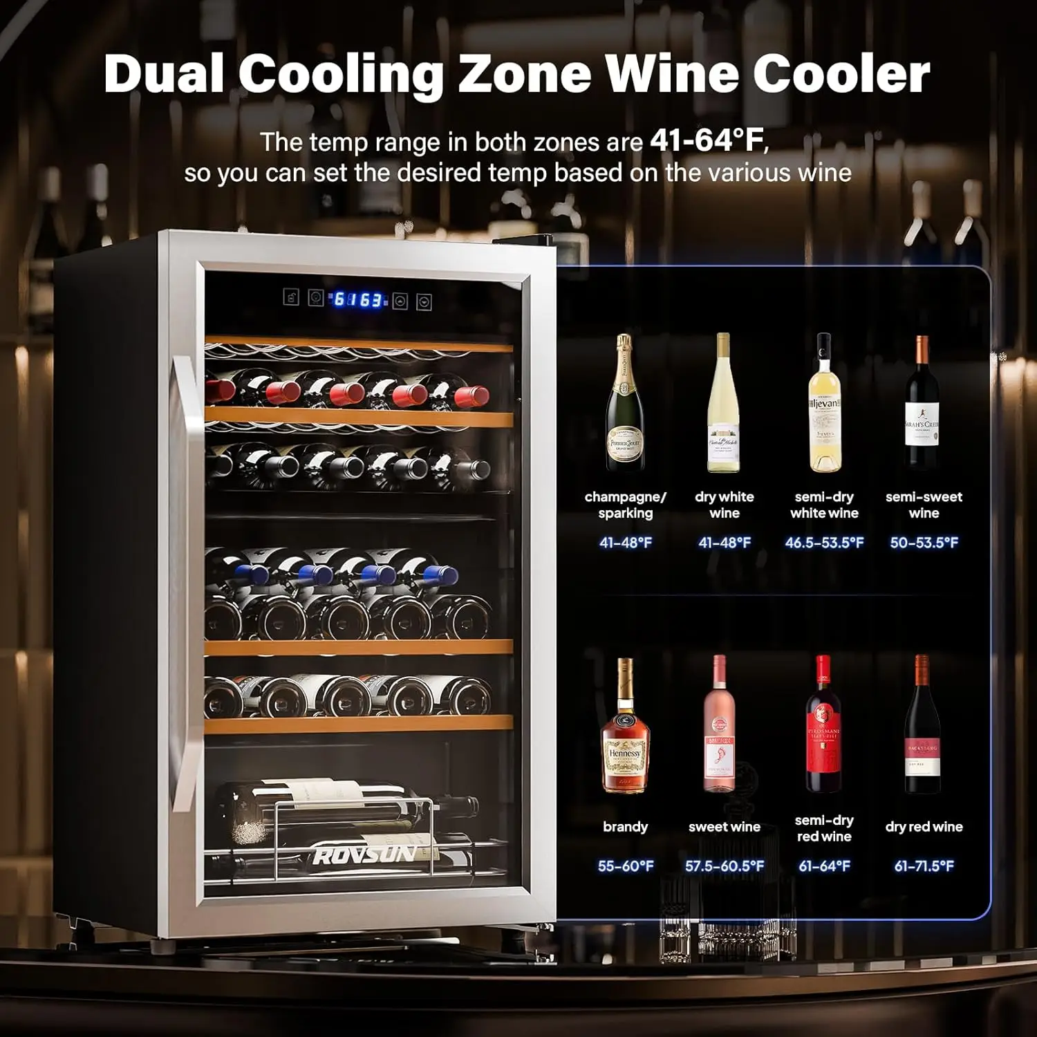 33 Bottle Wine Fridge, Dual Zone Wine and Beverage Refrigerator with Independent Temp & LED Control Panel, Freestanding W 2