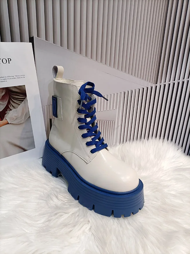 Spring Autumn Genuine Leather Short Boots Women's Lace-Up Round Toe Thick Soled Short Boots Ladies Fashion Pumps Casual Shoes