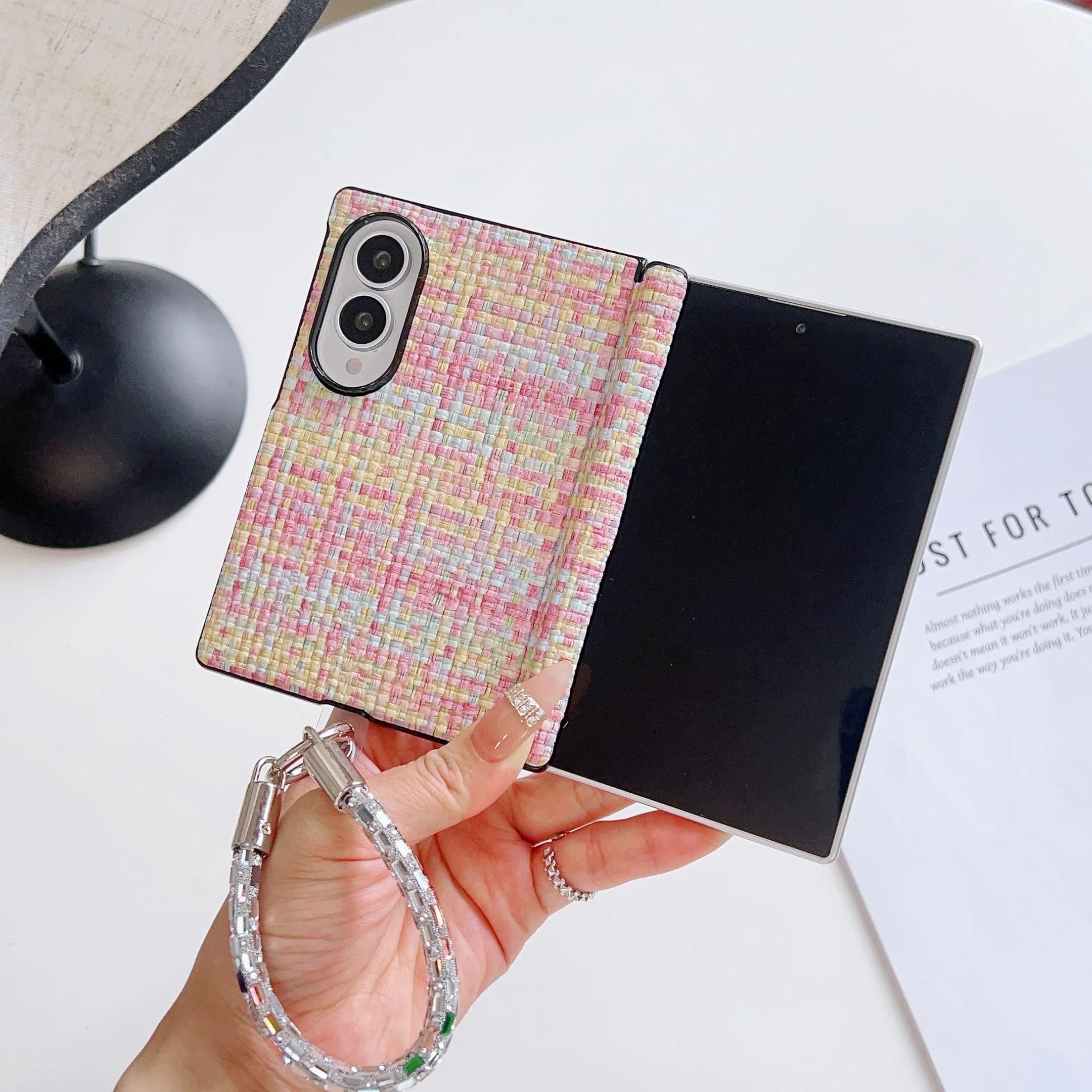 Luxury Woven Pattern Shockproof Case with Wrist Strap and Hinge Protection