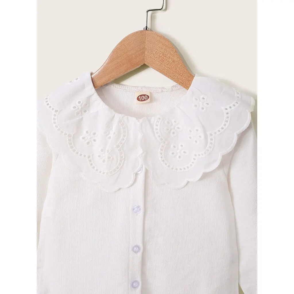 Kids Girl 1-6Y Button T Shirt Hollow Lace Collar White Long Sleeved Lovely Korean Version Top Autumn Toddler Girl Clothes 2