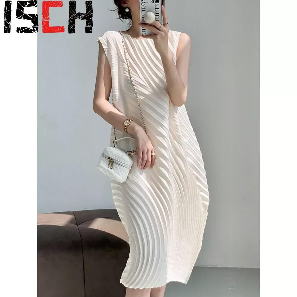 

Miyake Pleated Sleeveless Dresses Designer Long Round Neck Elegant Loose Summer Plus Size Casual Simple Vests Clothing 2024 New