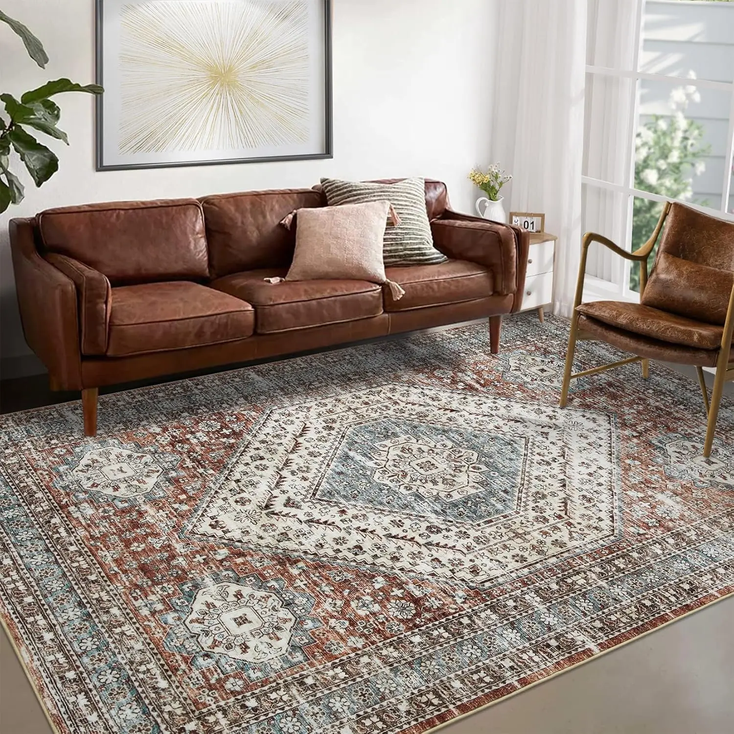 200 x 290 cm großer Teppich, Boho-Teppich, schmutzabweisender, rutschfester Akzentteppich, Couchtisch-Bodenmatte für Bauernhaus, Büro, Schlafzimmer – Detail 2