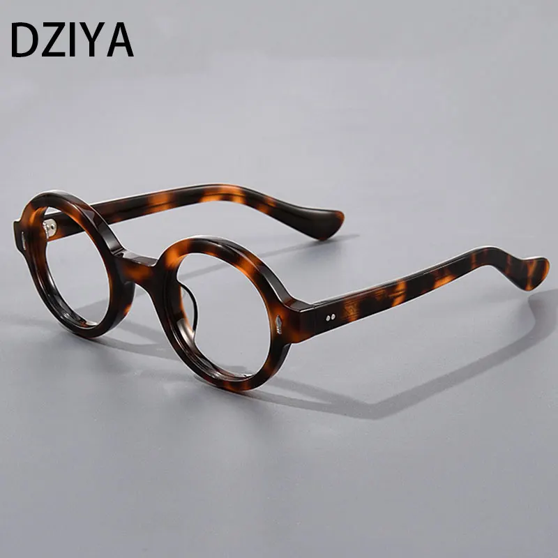 

New Fashion Round Acetate Optical Glasses Frame Women Men Popular Spliced Leopard Transparent Prescription Glasses 60874