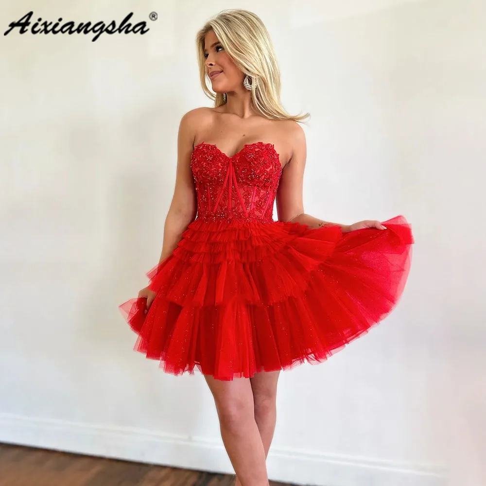 

Aixiangsha Sweetheart Red Lace Corset Tiered Short Homecoming Dress vestidos de graduación Custom Made 2023