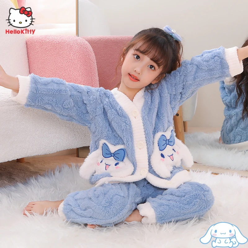 

Anime Sanrio Hello Kitty Children Pajamas Kuromi Cinnamoroll Winter Coral Velvet Thickened Warm Girls Homewear Sets Baby Pajamas