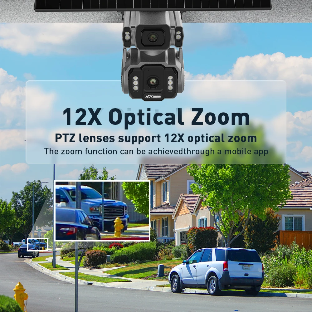 10MP AOV 4G Solar Camera 12X Optical Zoom Dual Screens 7/24 Recording Outdoor Su