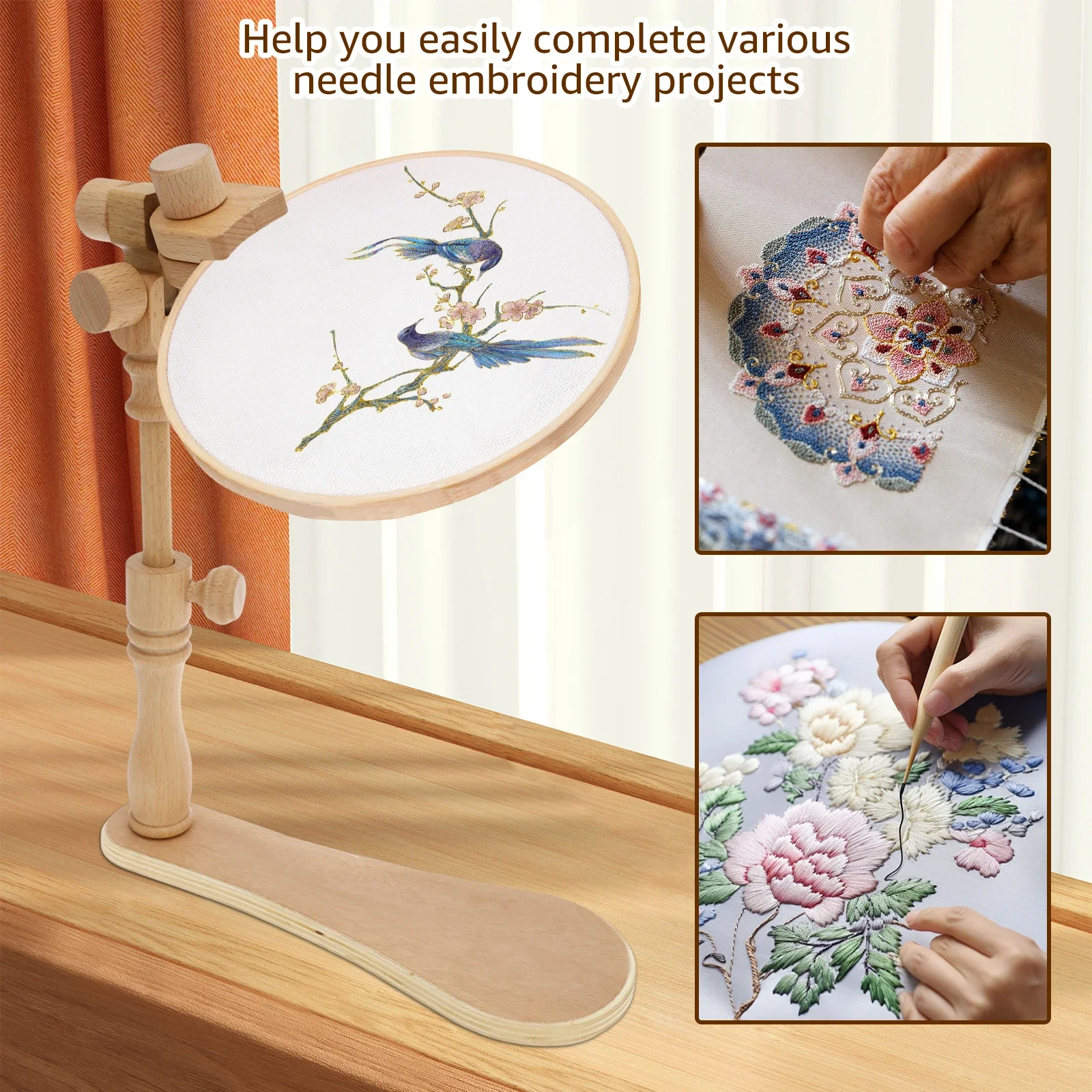 Embroidery Hoops Stand Adjustable Hands Cross Stitch Stand Versatile Beech Wood Holder Rotary Hoop Holder Embroidery Tool