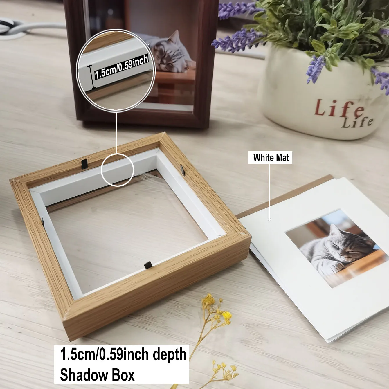 Mini Photo Shadow Box Frame 1.5cm Hidden Layer 10x10cm Desk & Wall Decor Compact Memory Keepsake Gift for Loved Ones/Pets