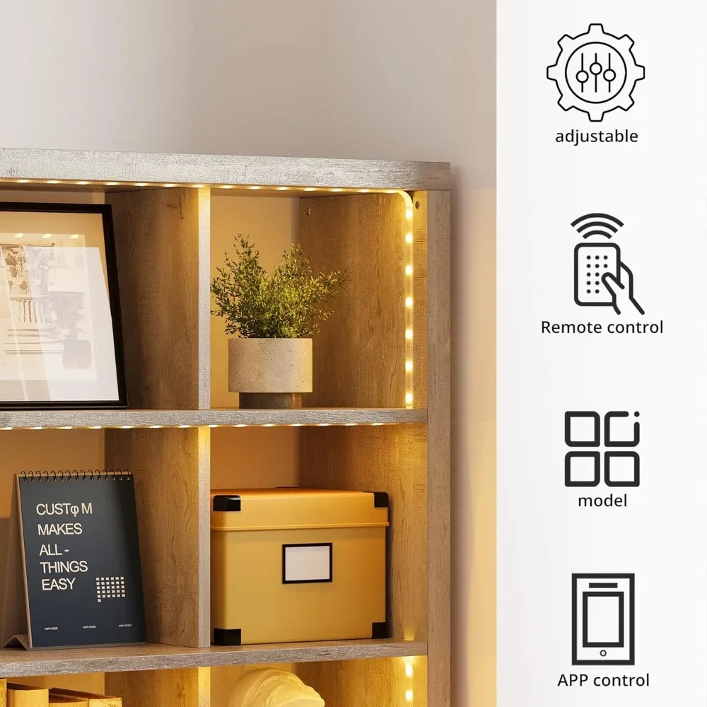 Living Room Furniture 15 Cube Bookcase Storage Shelf Organizer with LED Lights, 5 Tier Bookshelves and Bookcases Display Shelves 5