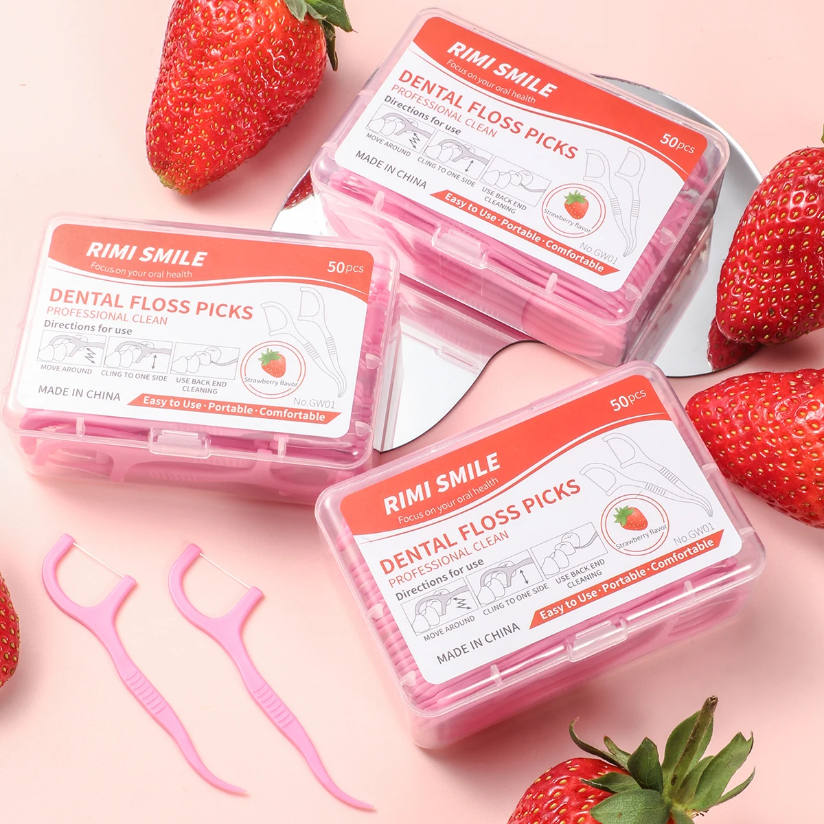150pcs, strawberry flavored dental floss sticks, toothpicks, oral care cleaning interdental tools