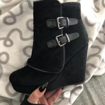 2025 Modern High-heel Boots for Women Ankle Wedges Suede Ladies Shoes Splicing Fake Zip Belt Buckle Height Increasing Daily Wear 1