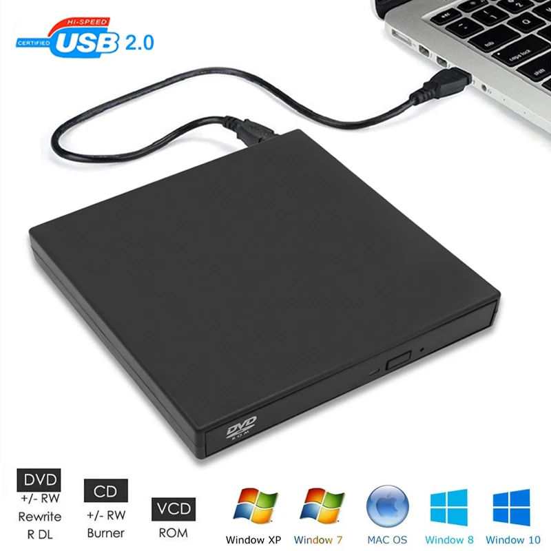 USB 2.0 Slim External DVD RW CD VCD Writer Drive Burner Reader Player Optical Drives for Laptops PC Windows 11 10 Linux OS Mac