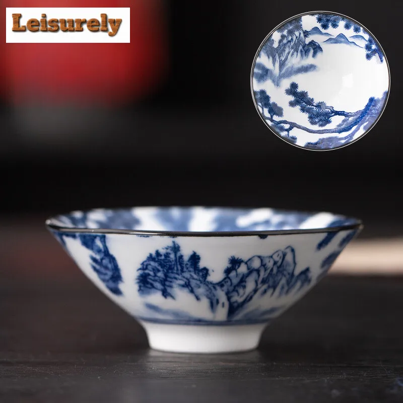 60ML Blue and White Porcelain Tea Cup Handmade Dragon Phoenix Fish Pavilion Chinese Kungfu Teacup Ceremony Teaware Master Cups