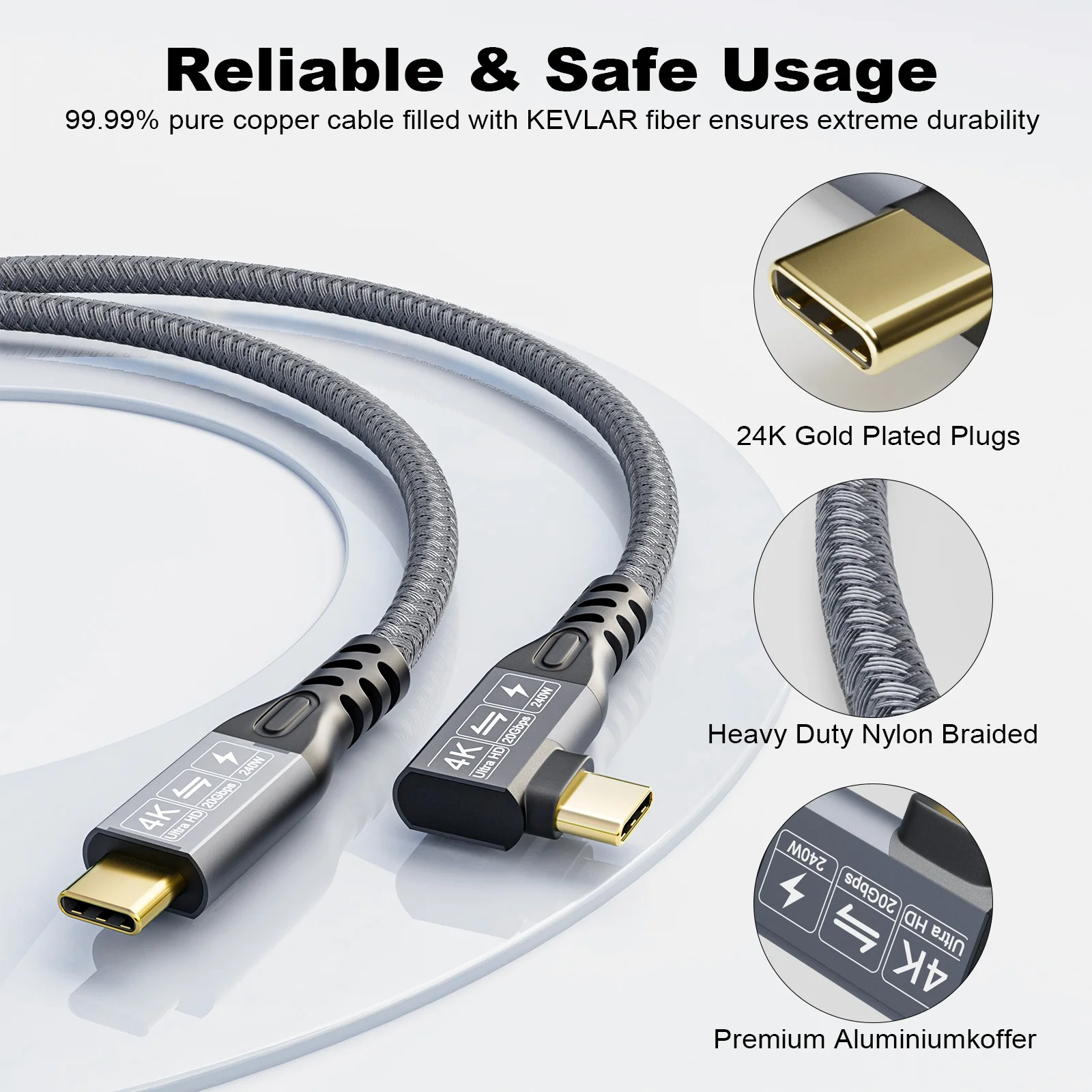 Кабель USB C 3,2 Gen 2x2, 20 Гбит/с, 90 градусов Тип C 4K @ 60 Гц UHD видео 5A/240 Вт PD3.1, быстрая зарядка, совместим с Thunderbolt