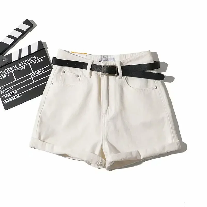 Women Vintage Sexy High Waist Khaki Denim Shorts Slim Fit Belt Shorts Summer All-Match Street Fashion New Zipper Pockets Bottoms