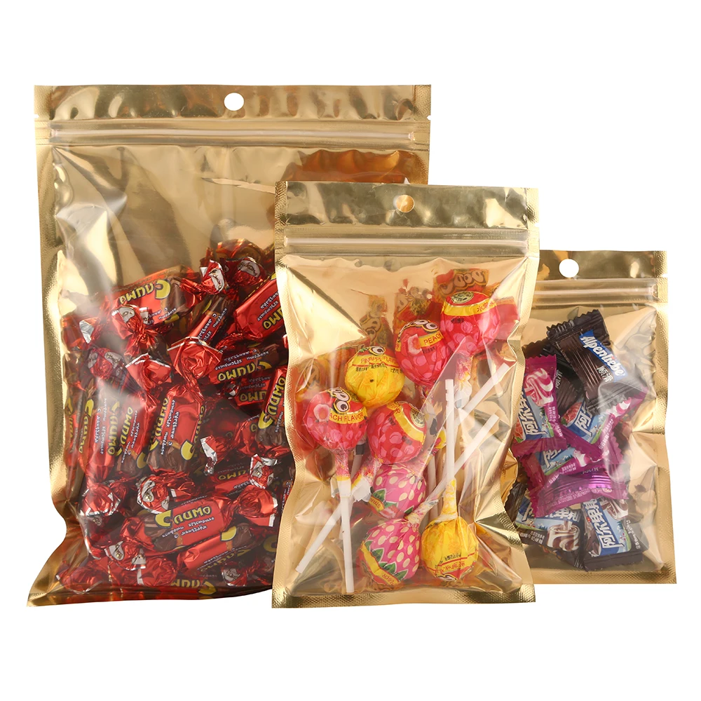 100pcs One Side Transparent Gold Aluminum Foil Zip Lock Bags - Food Grade Zipper Reusable Plastic Pouches Christmas Gift Package 5