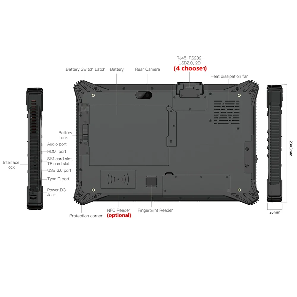 Kcosit K20A Ruggedized Tablets PC FAN Windows 11 12.2 Inch Intel I7-1255U 16GB RAM 4G LTE RS232 GPS MIL-STD-810G Dual Battery