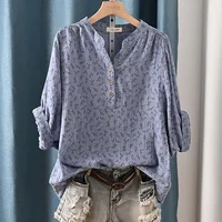 New Spring 100% Cotton Casual Shirt Women Batwing Sleeve Stand Collar Printed Top Girl OL Loose Blouses 2024 Summer T447104QM - Image 4