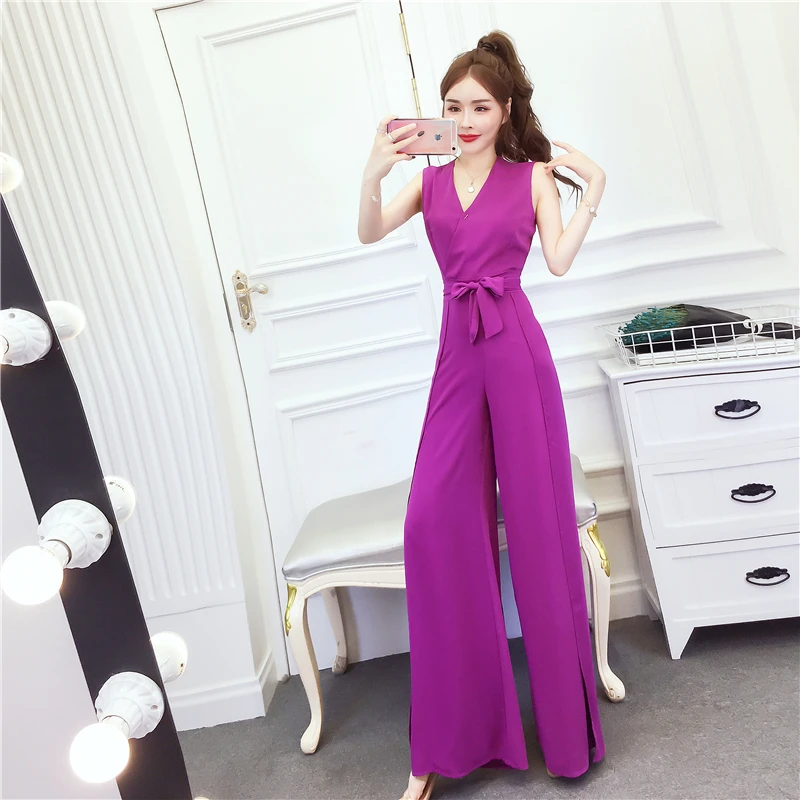 

Real Photo 2023 summer fashion Women Elegant temperament V-neck bow tie waist slim jumpsuit pants overalls