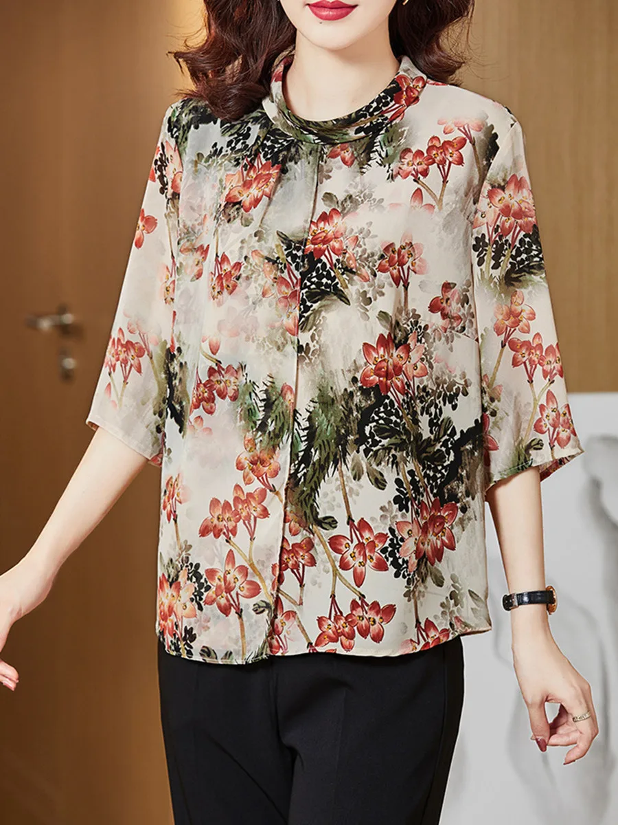 

4XL Women Spring Summer Shirts Lady Fashion Casual Half Sleeve O-Neck Collar Vintage Printing Blusas Tops CT0612