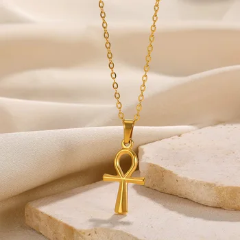 Stainless Steel Cross Pendant Necklace For Women Men Gold Color Ancient Egypt Ankh Cross Charm Choker Jewelry Hip Hop Gift