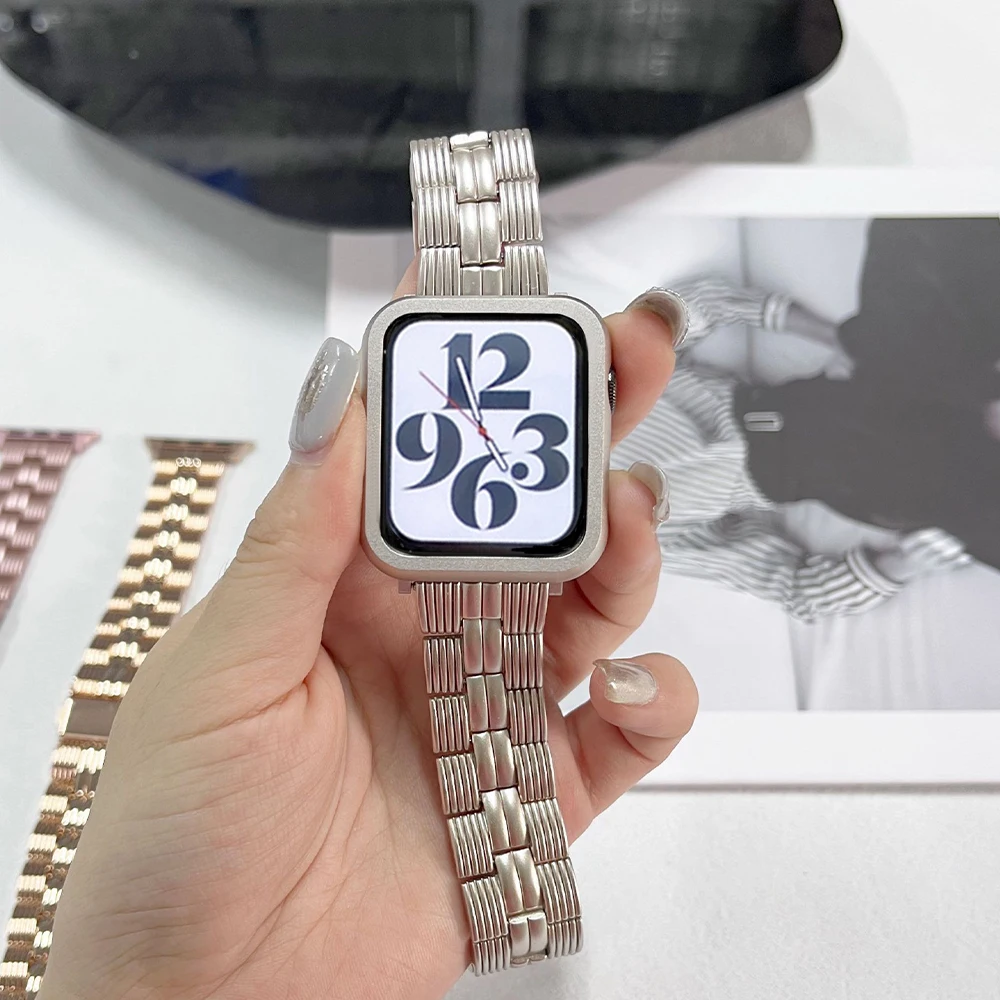 

Бриллиантовое фото + металлический ремешок для Apple Watch Band 8 7 6 5 4 Se 45 мм 41 44 мм 40 мм, женский браслет для Iwatch Ultra 49 мм 42 мм, браслет