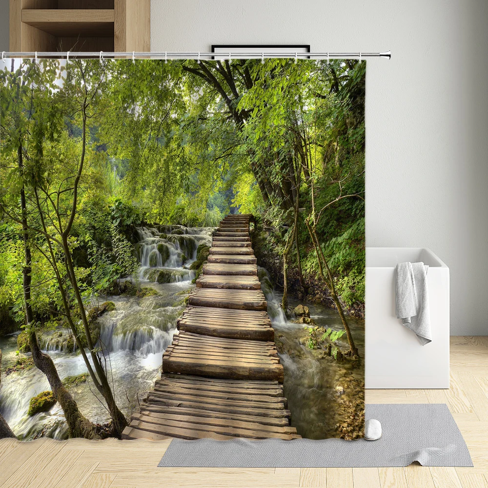 

Natural Scenery Waterfall Shower Curtain Bridge Board Road Mount Forest Washable Cloth Bathroom Decor Bath Screen With Hooks