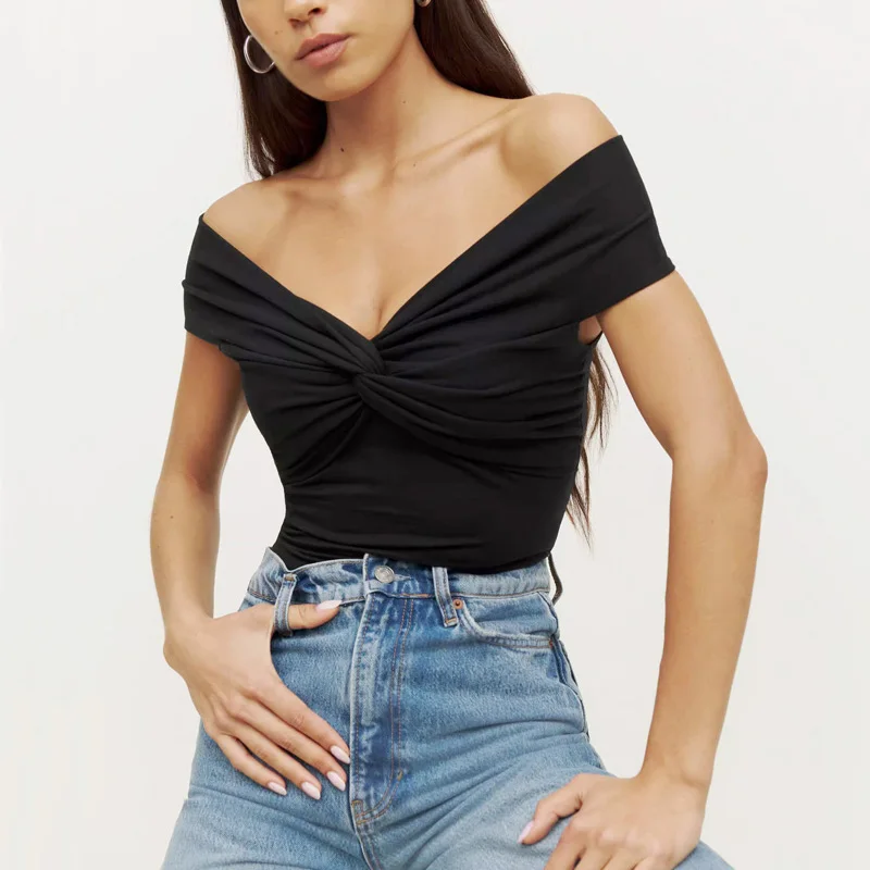 

Women Twist Front Bardot Top Slash Neck Twist Detail Top