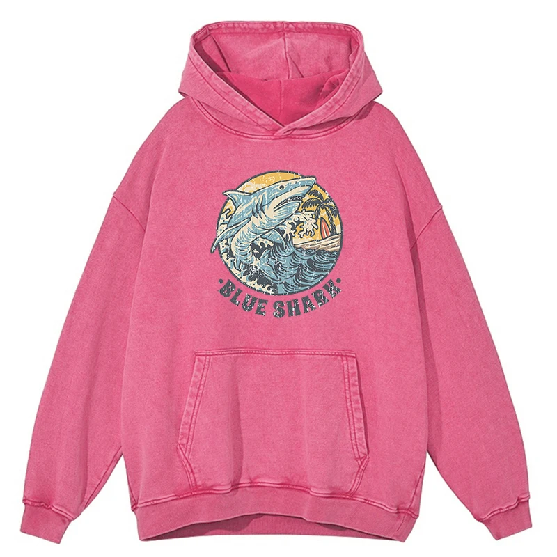 thumbnail image 1 of Sudadera con capucha de tiburón azul para hombre, ropa de otoño con cuello redondo, estilo hip hop, 100 % algodón, estilo retro desgastado, para playa, saltos, 1 of 4