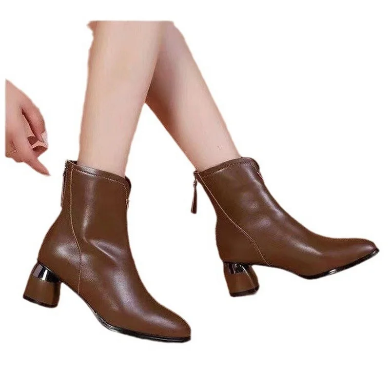 Retro Chunky High Heel Women & Girls Chelsea Boots Winter And Autumn Female Leather Shoes Pointed Toe Size 35-40
