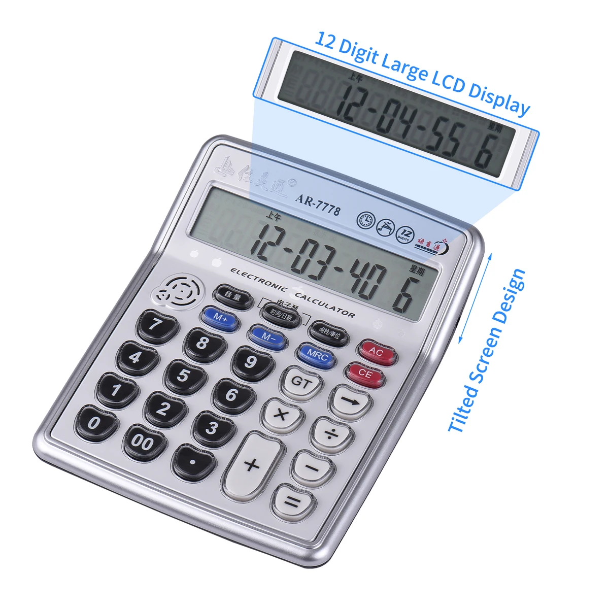Musical Desktop Calculator 12-Digits LCD Display Electronic Calculator Counter with Music Piano Play Time Date Show Alarm Clock — view 4
