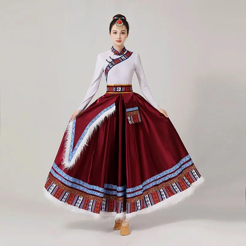 Tibetan dance big skirt female minority art examination costume ethnic style adult dance performance costume set