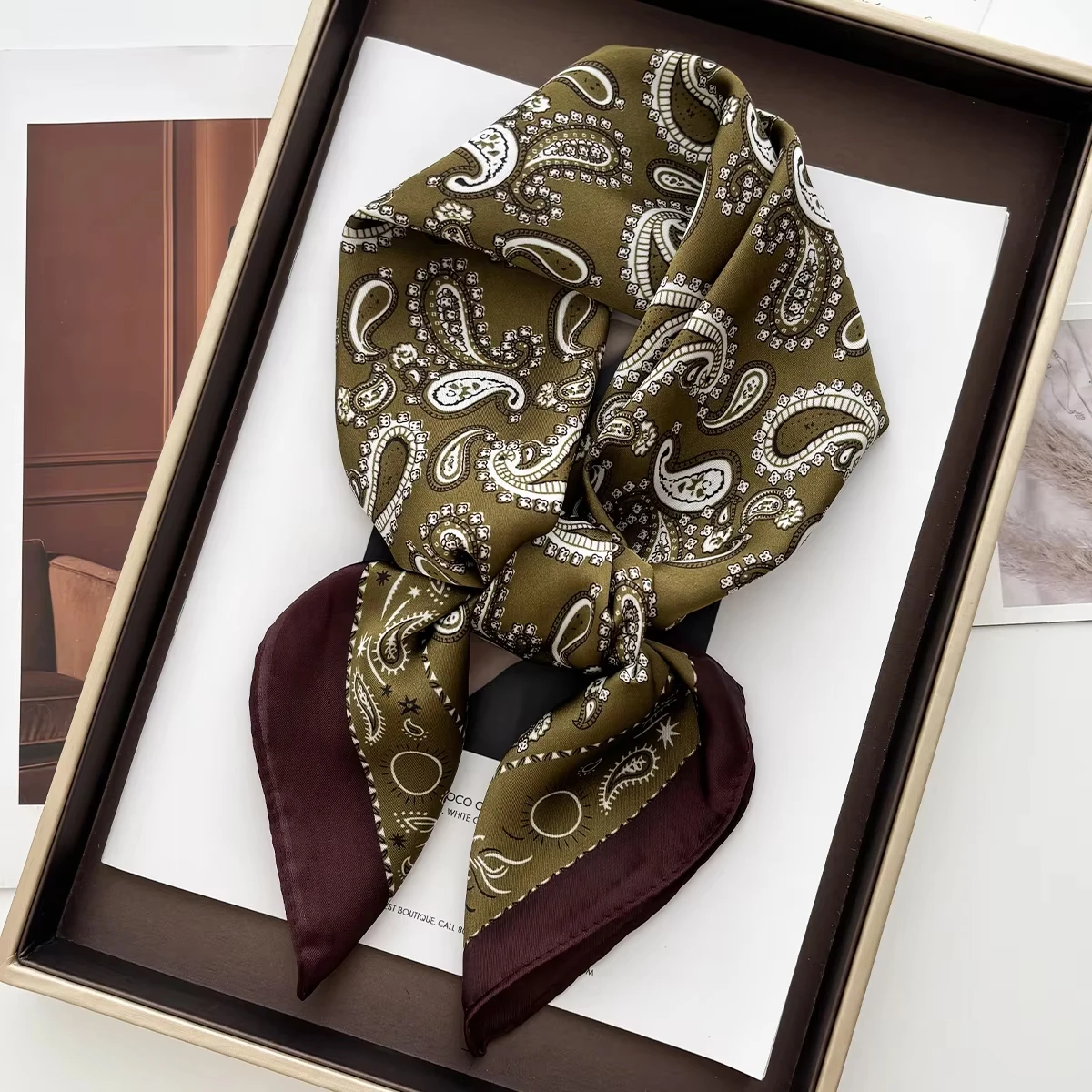 1 Stück Luxuriöses Quadratisches Tuch mit Cashew-Print, Damen-Bandana aus Kunstseide, Lässige Dekoration, 70cm Halstuch, Stirnband – Detail 8