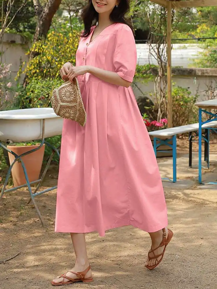 

Платье ZANZEA женское на пуговицах, модное однотонное Макси-платье на лето, винтажное повседневное пляжное платье оверсайз с V-образным вырезом и коротким рукавом, 2023