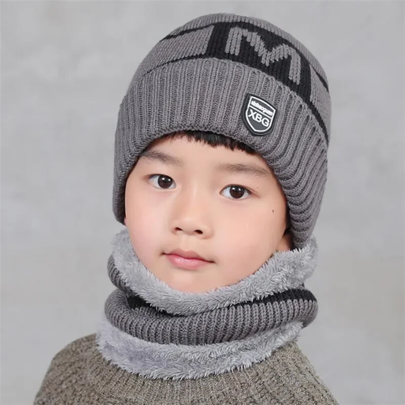 Child Winter Knitted Hat Scarf Boy Girls Outdoor Warm Plush Beanies Hat 2 Piece Sets Kids New Letter Cap And Stripe Scarves