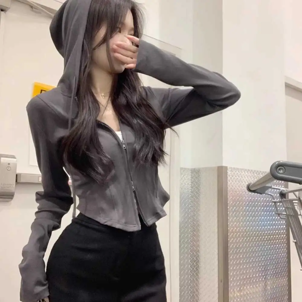 

Пальто с капюшоном, новинка, Осенний Женский Топ с длинным рукавом и двойной молнией, облегающий Короткий Повседневный Кардиган в стиле рыбьи кости, одежда