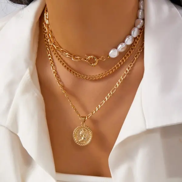 Elegant Layered Necklace: Zircon Evil Eye Palm Cross Pearl Choker Jewelry