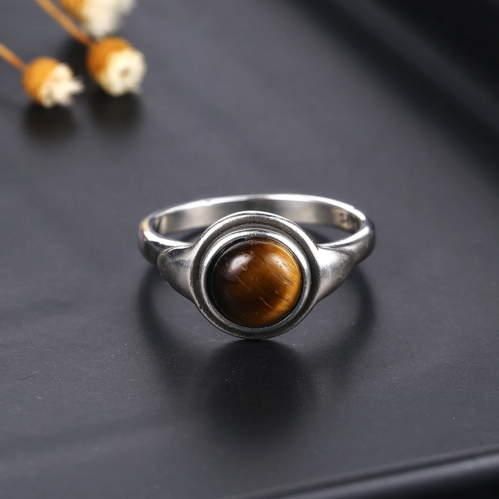 Simple Ring Jewelry Natural Labradorite S925 Silver Round Tiger Eye Moonstone Ring for Women Wedding Party Luxury Gift silver ring silver rings gemstone ring natural stone ring