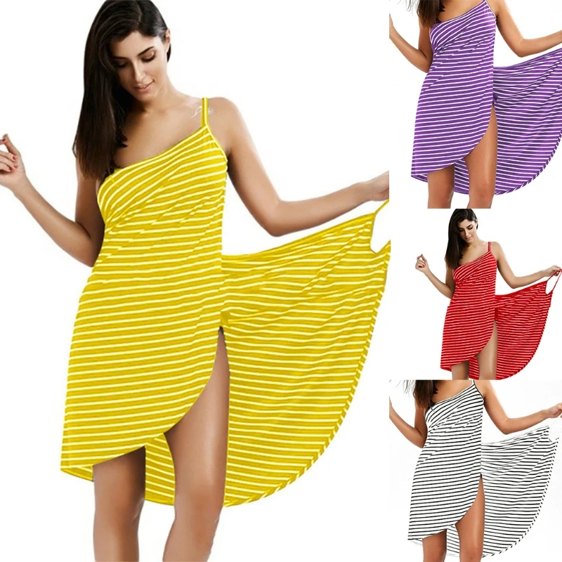 bathing suit bottom cover up Women Summer Wearable Bath Towel Striped Print Spaghetti Strap Wrap Beach Dress Sling Bathrobe Blanket Swim Cover Up beach maxi dress with sleeves