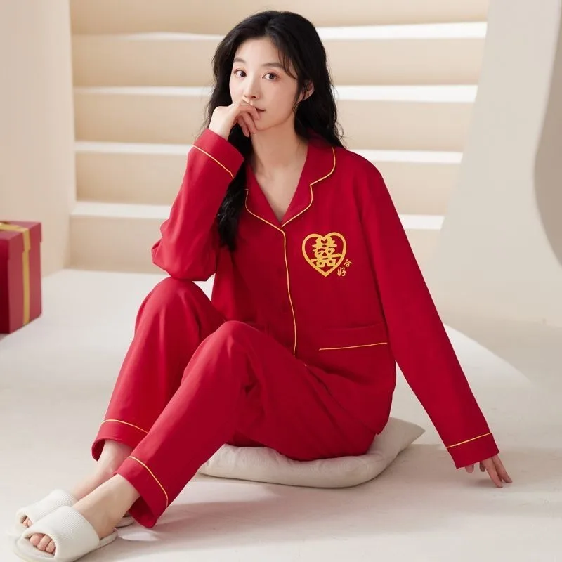 2024 New Cotton Women's Pajamas Set Spring Autumn Winter Home Clothing Wedding V-neck Loungewear Loose Red Sleepwear Suit