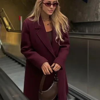 HXAO معاطف الشتاء للنساء سترات الشتاء الدافئ معطف المرأة تويد معطف طويل المرأة الخريف طويلة الأكمام مزدوجة الصدر معطف بورجوندي 3