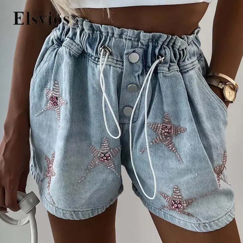 

Casual Drawstring Tie-up Elastic Waist Short Pant 2023 Women Summer Jeans Shorts Street Fashion Rhinestone Wide Leg Denim Shorts