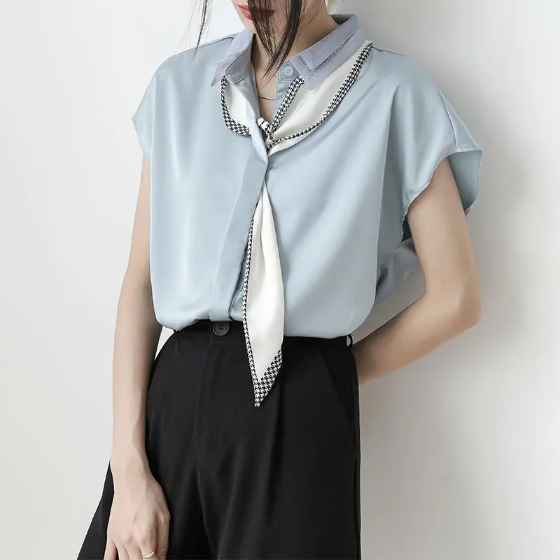 Stylish Lapel Button Lace Up Short Sleeve Chiffon Shirt Women's Clothing 2024 Summer New Loose Casual Tops Office Lady Blouse