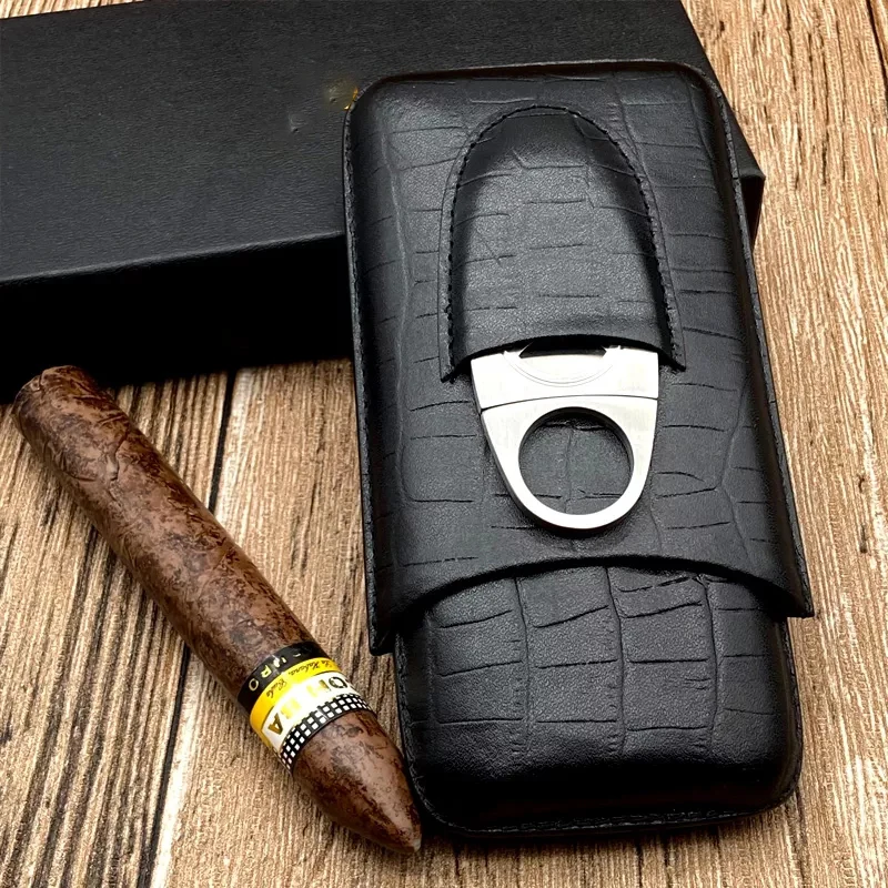 High Quality Travel Cigar Case Leather Portable Black Humidor Cigar