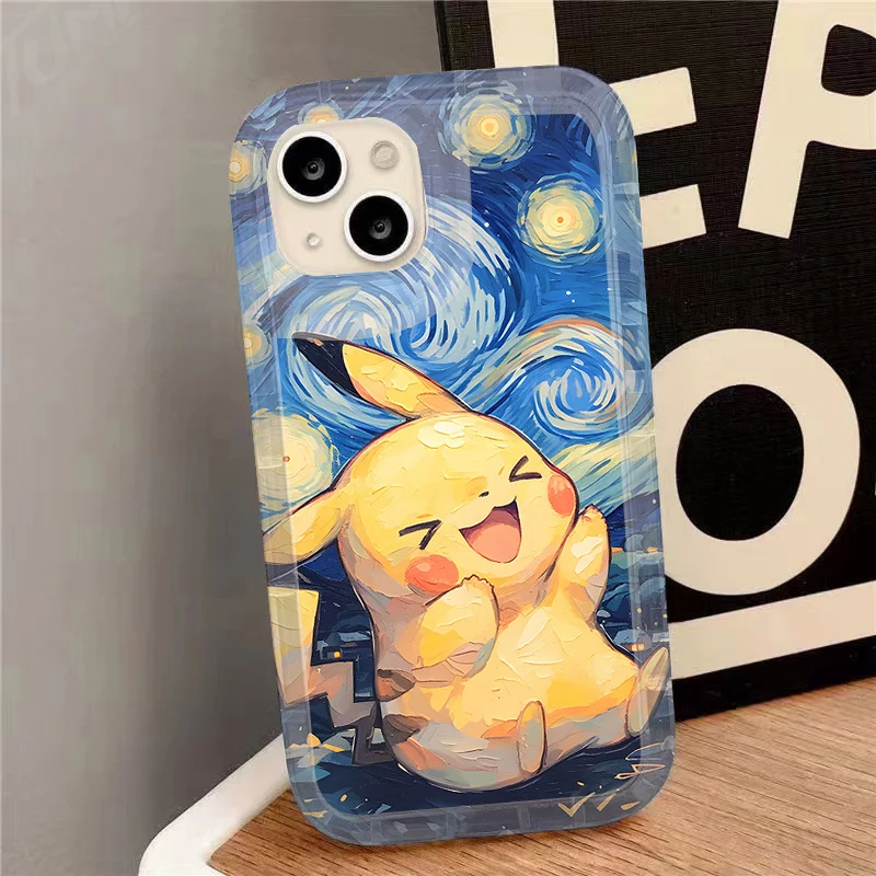 Oil Painting Pokemon Case for iPhone 15 14 13 12 11 Pro Max XR XS X 8 7 6 6S Plus SE 2020 Shockproof Clear TPU Protective Cover 4