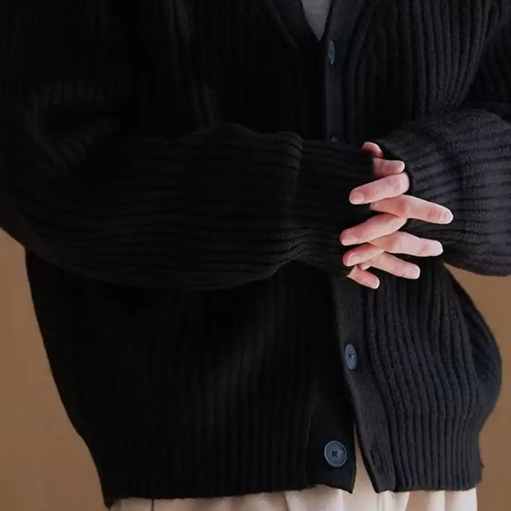 Description Picture 2 of itemKnitted Cardigan Men's Thick Knitted V Neck Cardigan Sweater Coat for Winter Fall Single-breasted Buttons Long Sleeve Solid